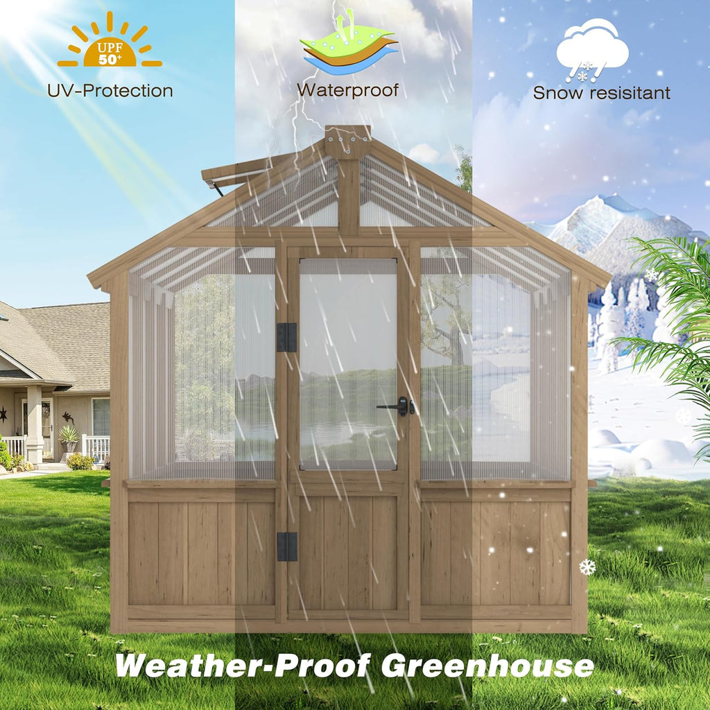 6 x 8 FT Wooden Polycarbonate Greenhouse with Ventilated Window and Lockable Door, 6mm PC Panels for UV Protection