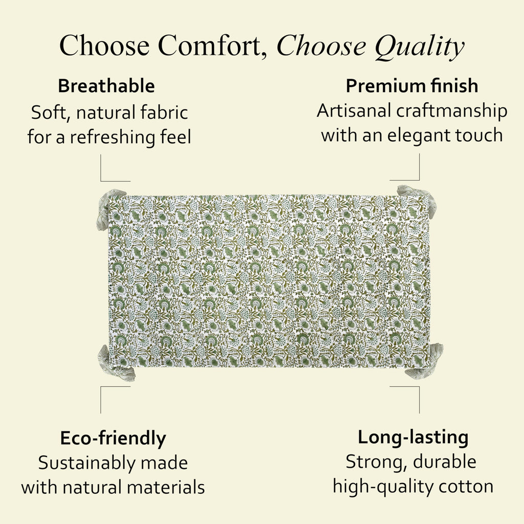CPC Agate Green Hand Block Print Ruffle Square Tablecloth 60x60 Inch