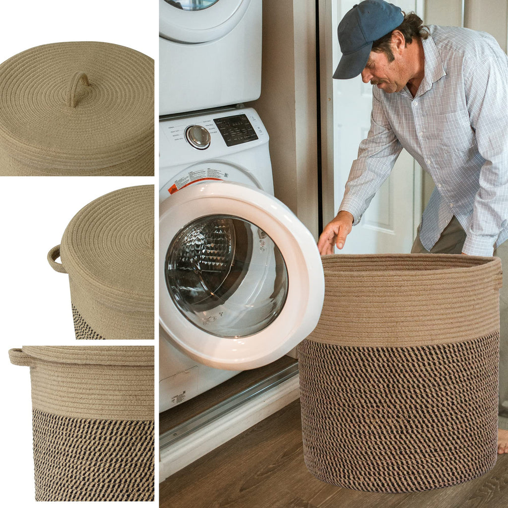 Extra Large Storage Basket with Lid 60L, 16"Wx18"H Woven Laundry Hamper Basket with Handle, Jute Rope Wicker Basket