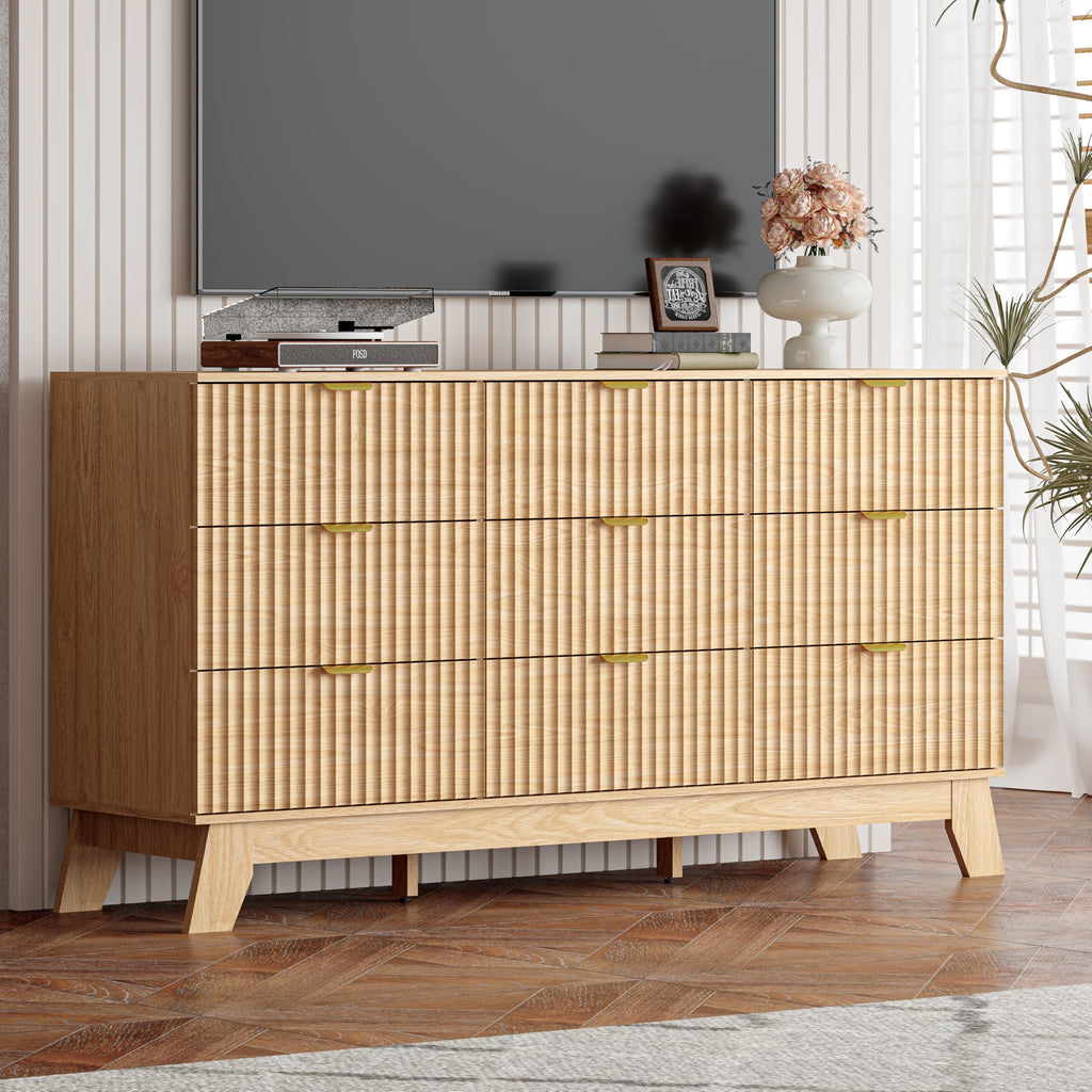 Oak Dresser 9 Drawer Dresser, 57''Wide Fluted Wooden Dresser Storage Cabinet and Chest of Drawers with Metal Handle