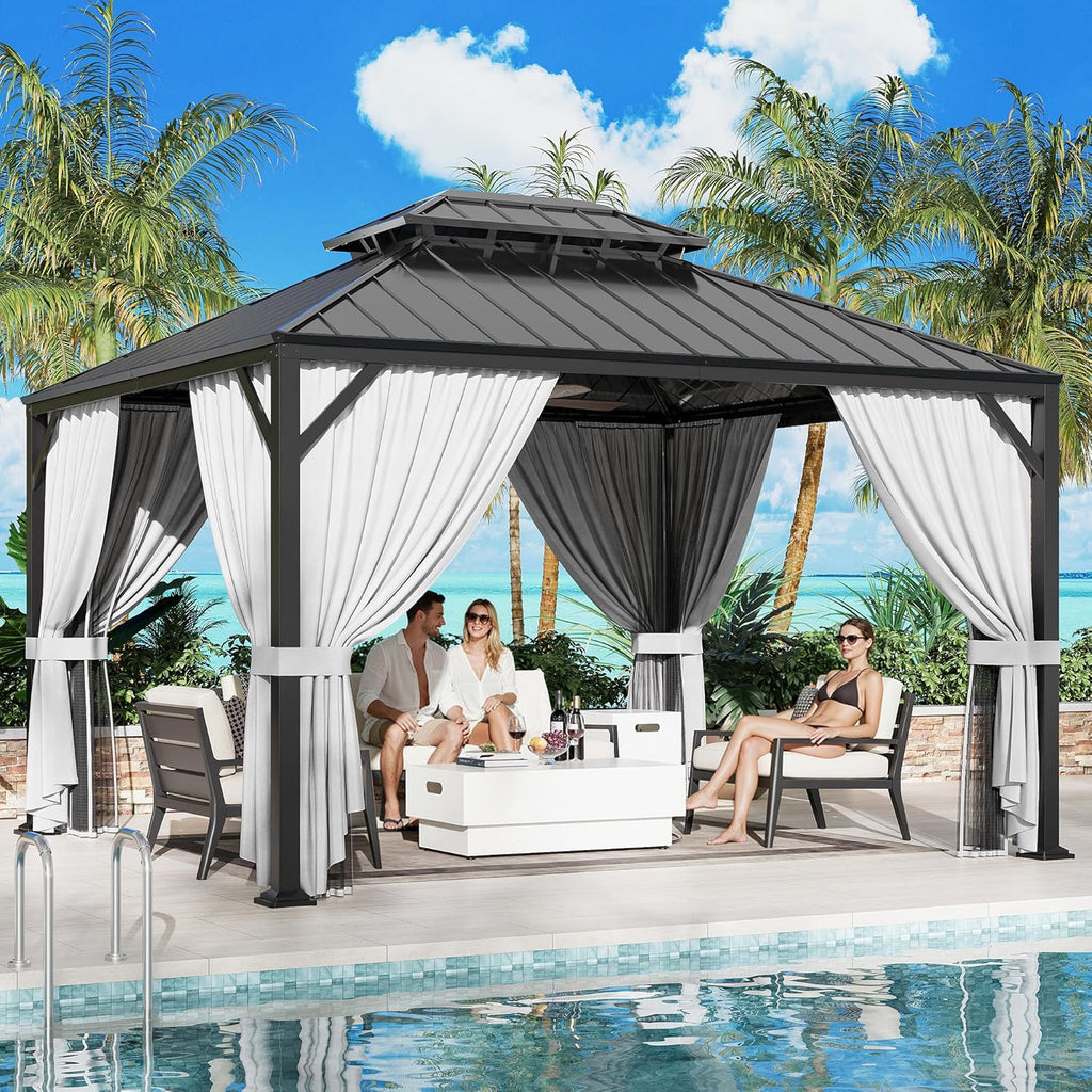 10'x12' Outdoor Hardtop Gazebo, Aluminum Patio Gazebo with Galvanized Steel Double Roof