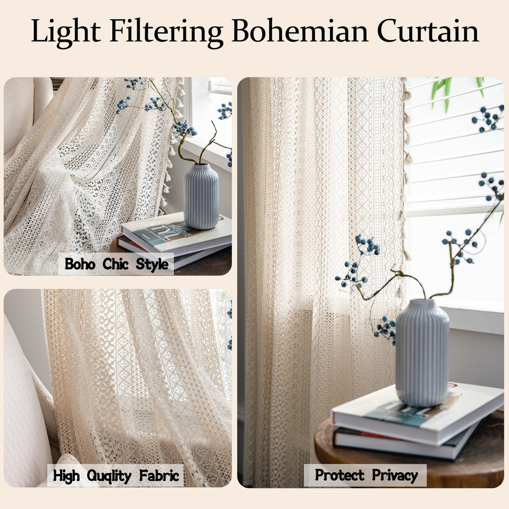 Beige Boho Lace Sheer Curtains 84 inches Long, Crochet Macrame Semi-Sheer Bohemian Drape with Tassels, Cream Farmhouse