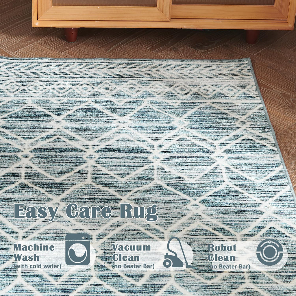 2x6 Runner Moroccan Geometric Washable Area Rug, Teal Blue