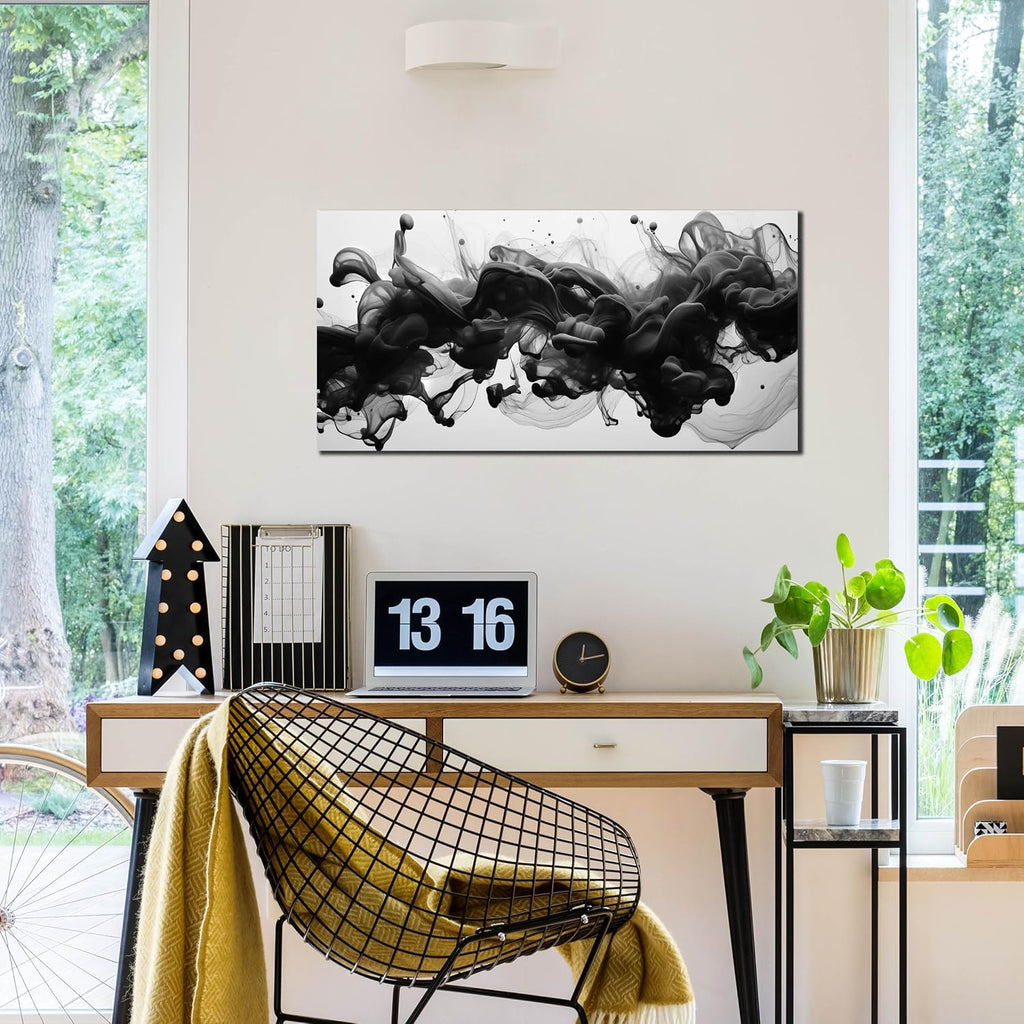 Abstract Black Wall Art, Neutral Black and White Canvas Decorative-Picture Bedroom Office, Contemporary Minimalist