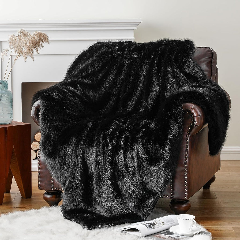Luxury Fluffy Black Faux Fur Throw Blanket, Black Blanket for Couch, Sofa, Chair, Bed, Plush Fuzzy Cozy Fur Throws