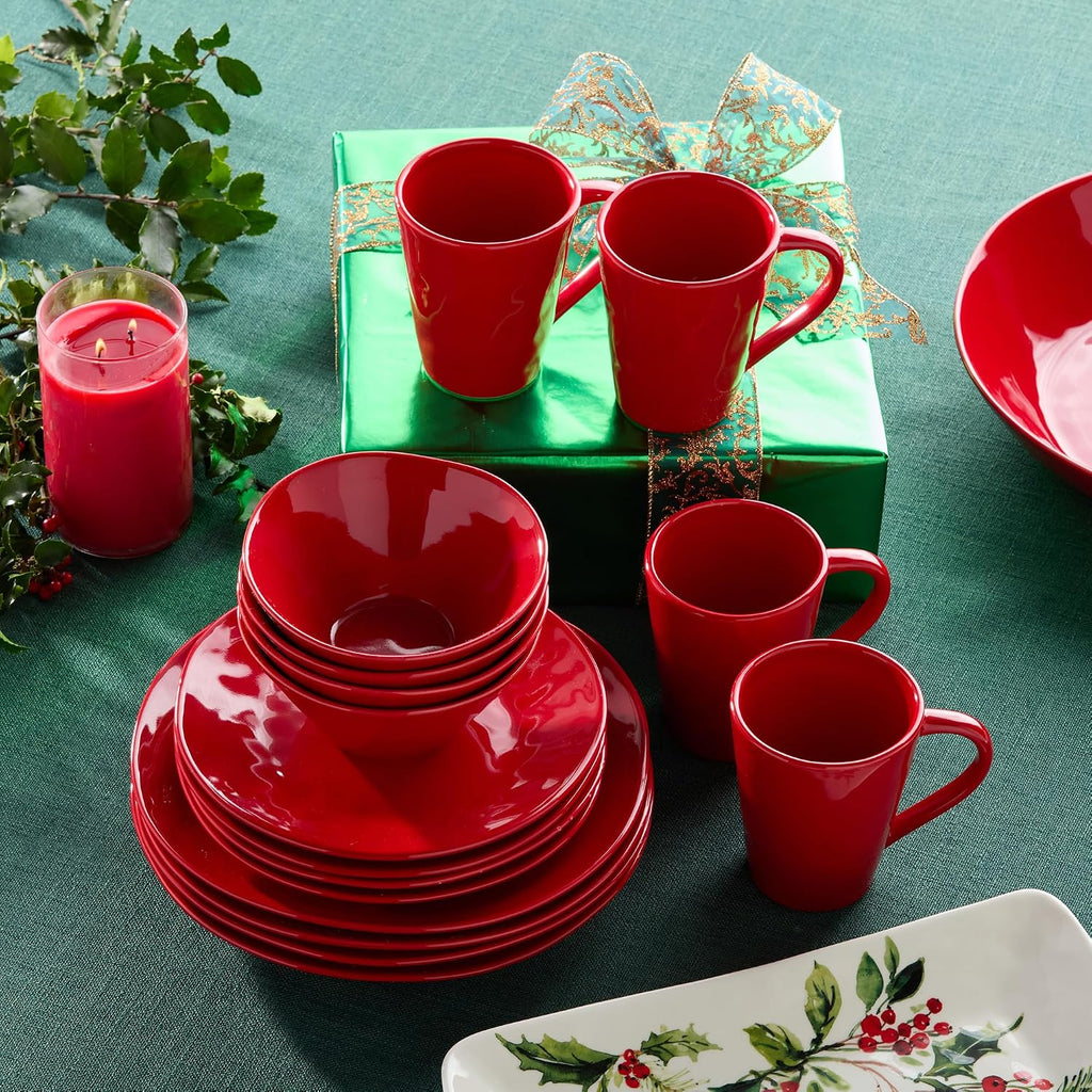 Berry Red Christmas 16pc Dinnerware Set, Stoneware Holiday Tableware Service for 4 with Plates, Mugs & Bowls, Mix
