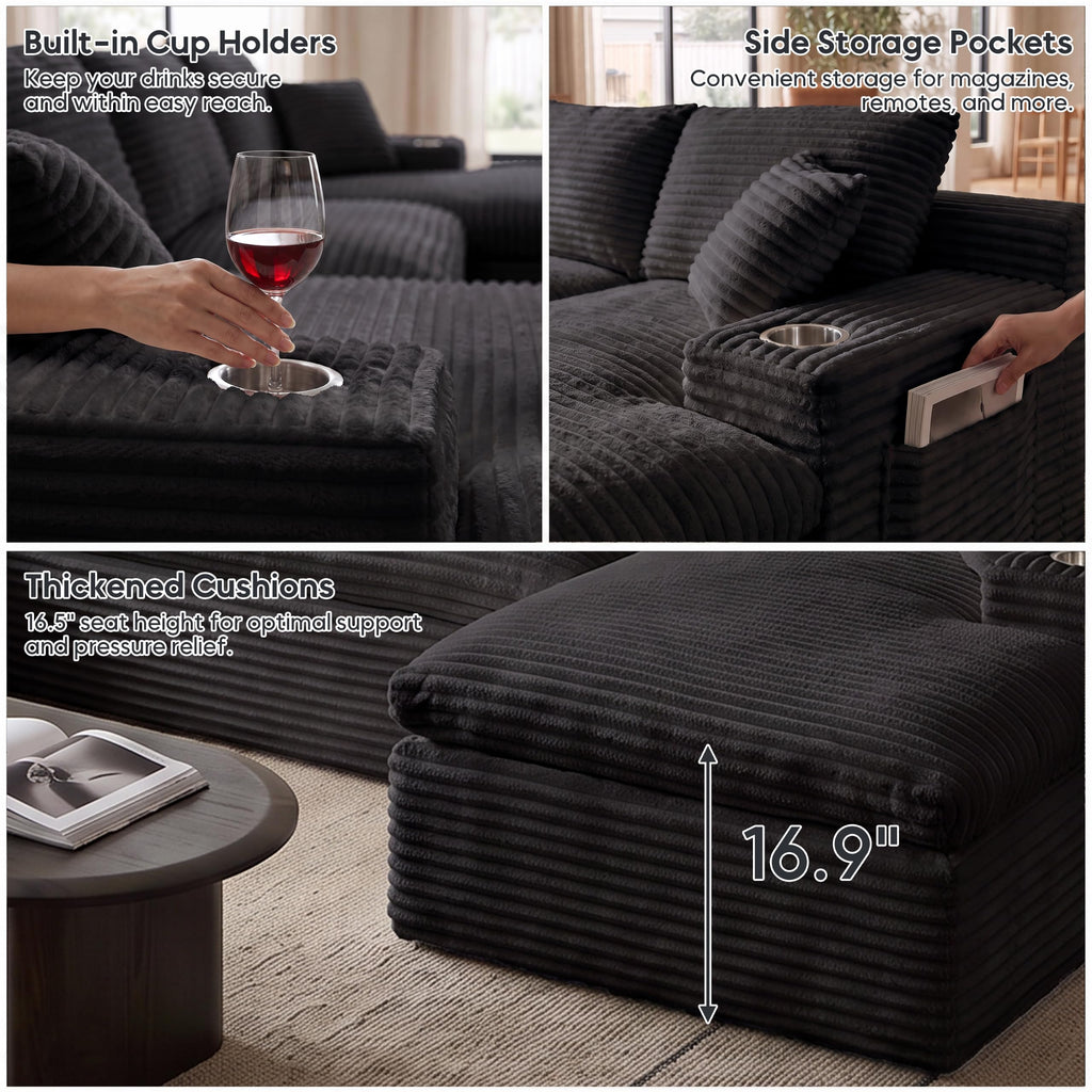 120" Modular U-Shaped Sectional Sofa, Boneless Couch, Black