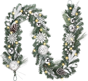 9 Feet Pre-Lit Christmas Garland with Lights for Mantle, Lighted Outdoor Xmas Garland with Silvery White Ball