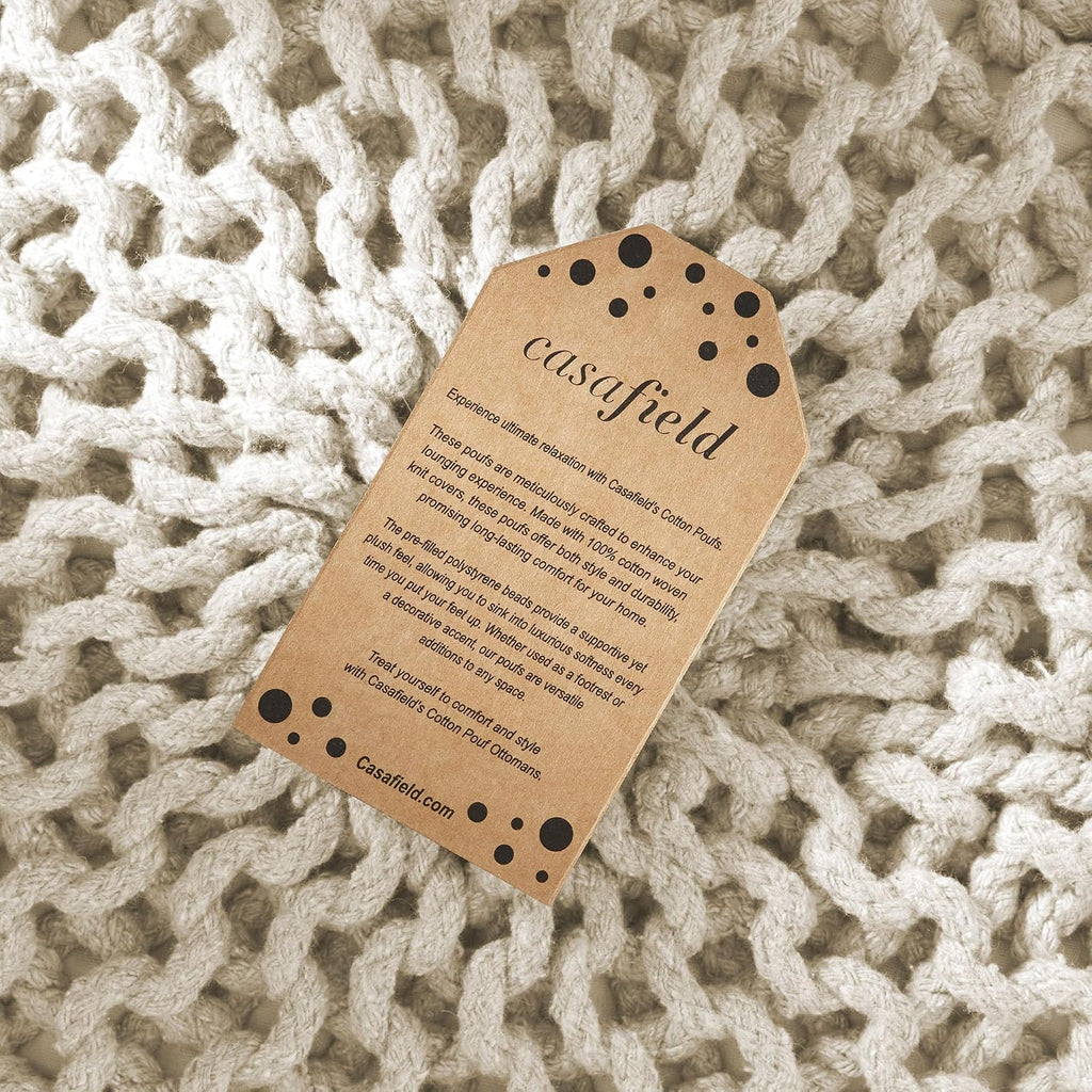 Round Pouf Ottoman, Natural - 20" Diameter x 14.5" High Cotton Knit Foot Stool - Boho Floor Pouffe