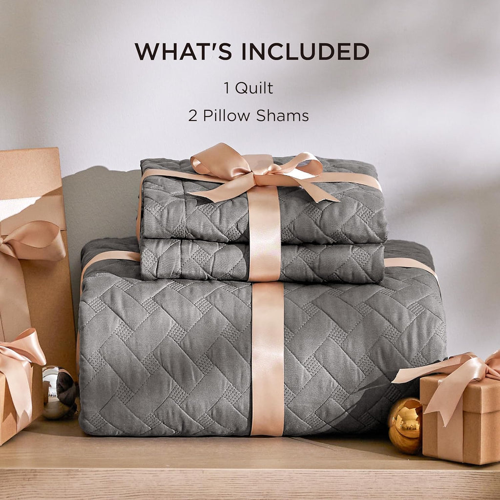 Quilts King - Grey Bedspreads King with Basket Weave Pattern, Soft Quilt Bedding Set, Lightweight Comforter Set