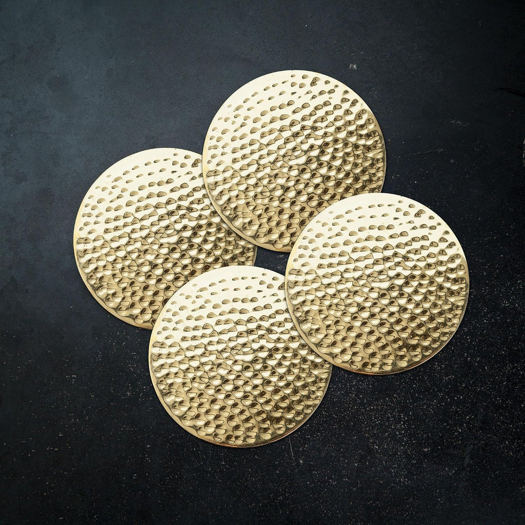 Hammered Brass Coasters, Round Coasters, Brass with Velvet Backing, Protect Tables and Surfaces, Gold - Set of 4