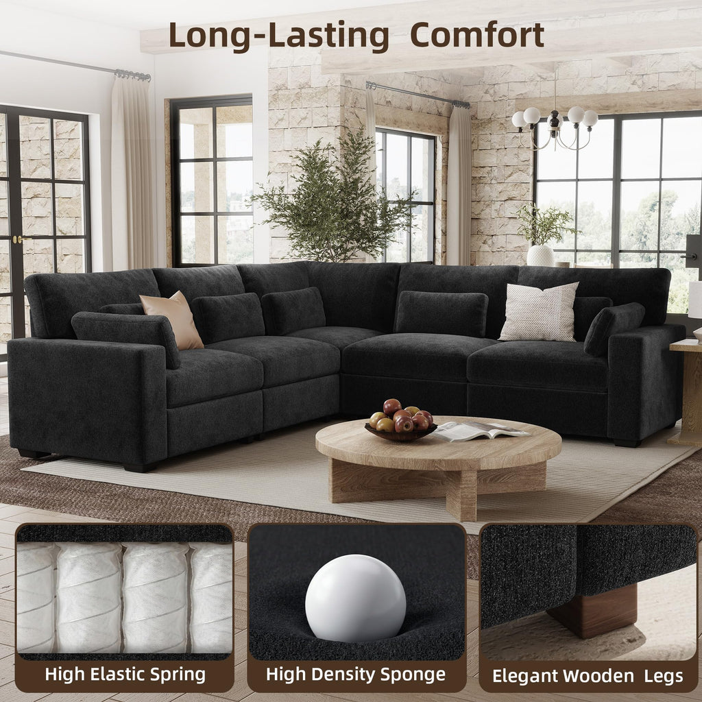 109.1'' Modular Sectional Sofa, L Shaped Oversized Extra Deep Couches, 5-Seat Chenille Couch with Wooden Legs, 2 Arm