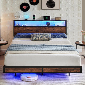 Full Bed Frame with 2-Tier Storage Headboard