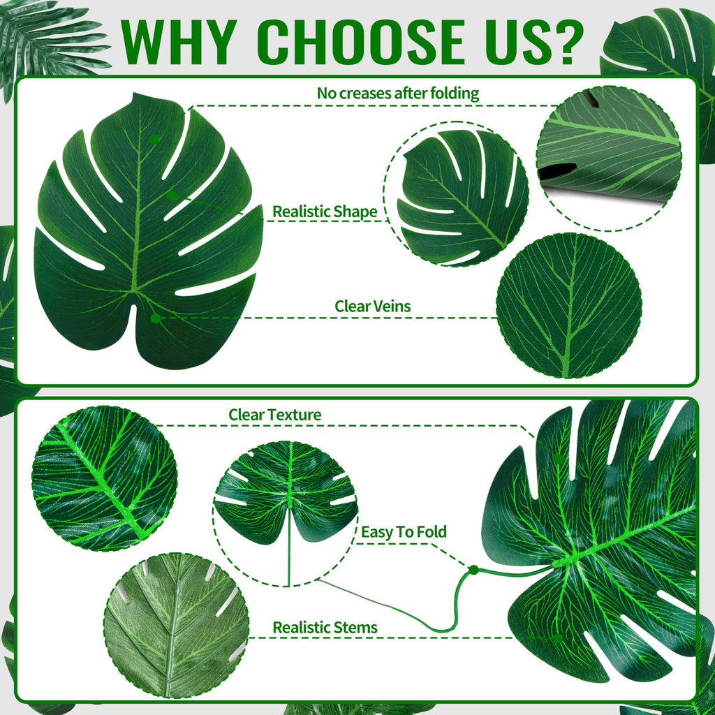 110 Pcs Artificial Tropical Palm Monstera, 7 Kinds Large Small Fake Palm Leaf with Stems for Safari Jungle Hawaiian