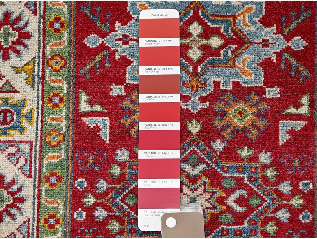 Hand Knotted Kazak Oriental Rug, Crimson Red, Wool, Geometric Medallion Design, Natural Dyes, 3' x 4'