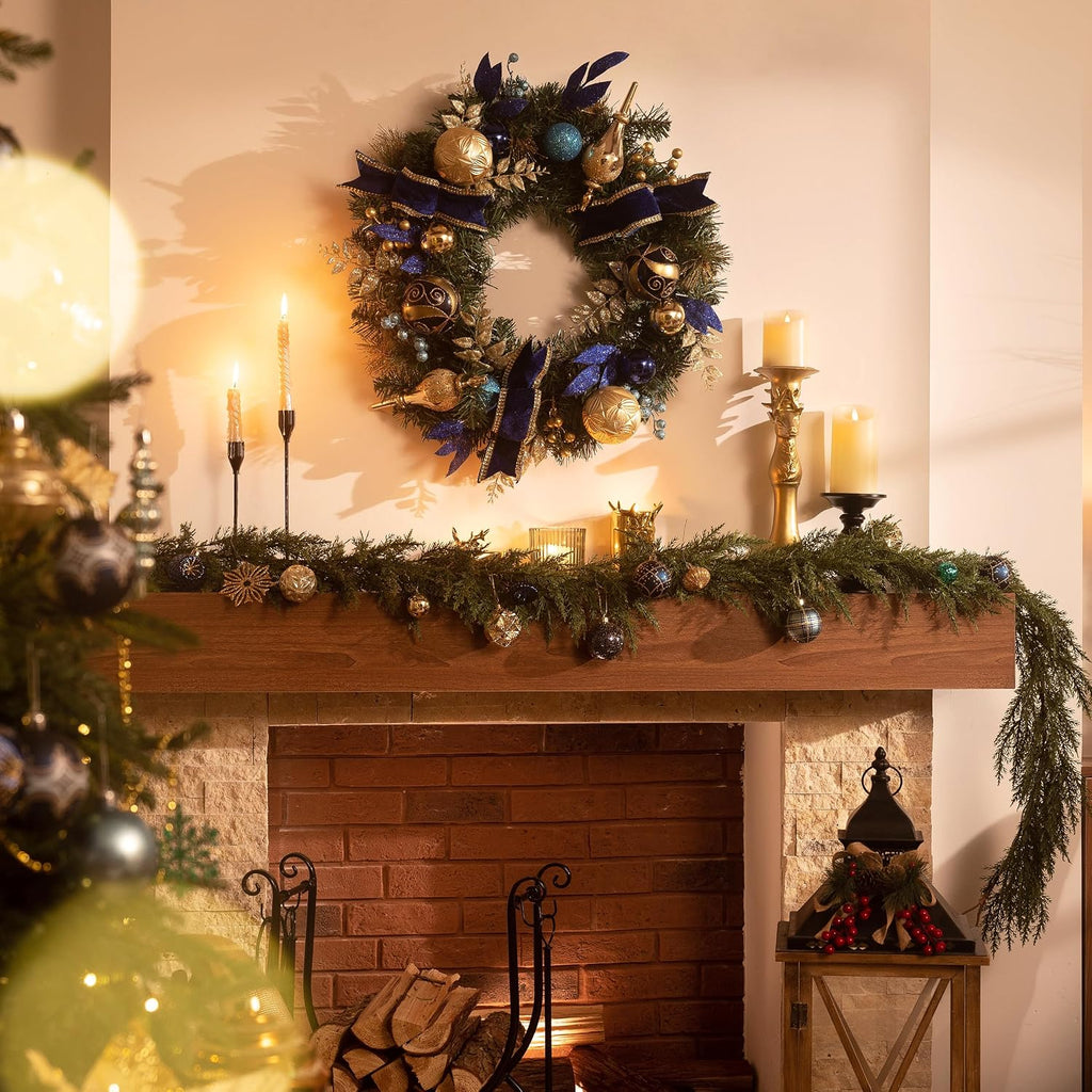24" Pre-Lit Large Christmas Wreath for Front Door Blue Gold