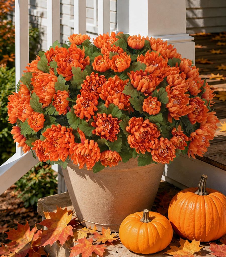 2 Bundles Artificial Fake Mums Flowers for Outdoor, 48 Heads Faux Purple Silk Chrysanthemum Bouquets with Long Stems