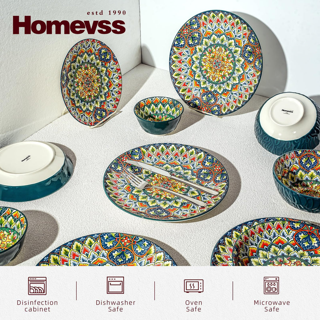 Boho 10 Pieces Dinnerware Sets, Plates and Bowls Set, Porcelain Dishes Set for 2, Microwave and Dishwasher Safe