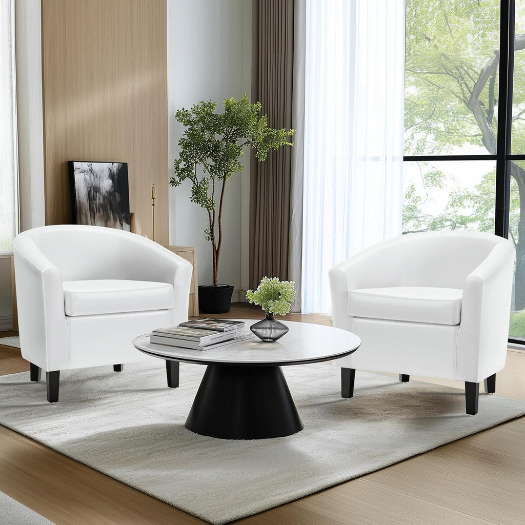 Accent Chairs, Faux Leather Barrel Armchairs White - Set of 2