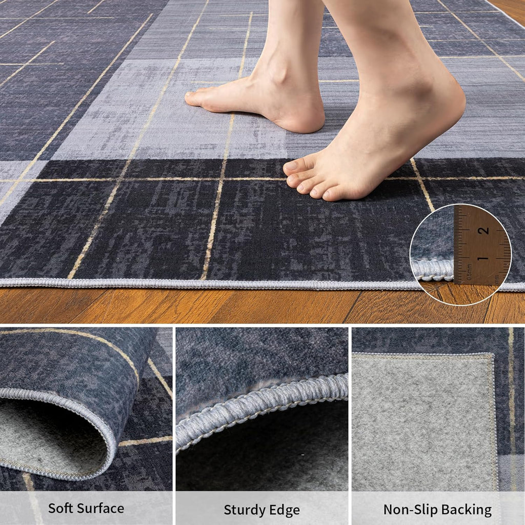 Washable Abstract Modern Area Rugs, Contemporary Geometric Checkered Rug Non Slip Low Pile, Blue and Grey White