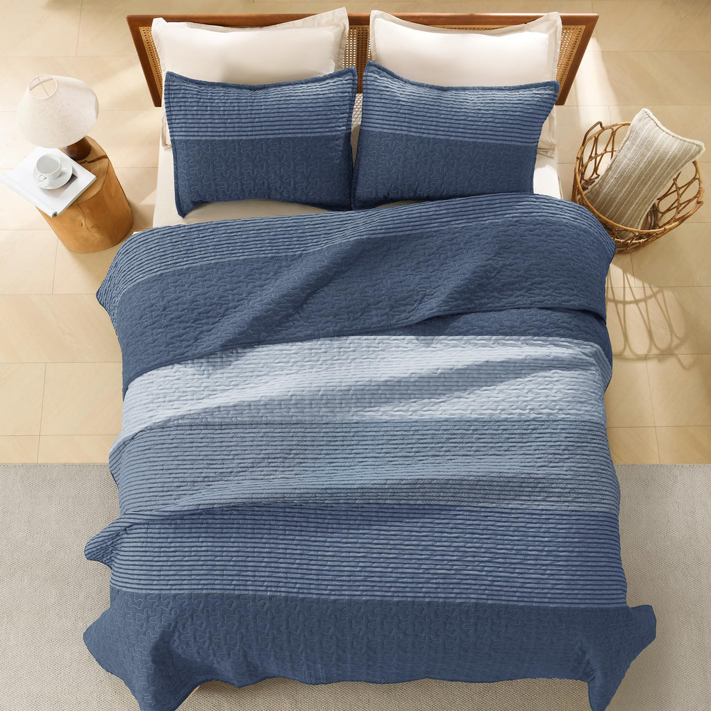 Oversized Queen Quilt, 3 Pcs Sapphire Blue Stripe Bedding Set