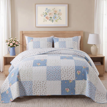 Bluebell Cottage Floral Cotton Quilt Set, with 2 Shams
