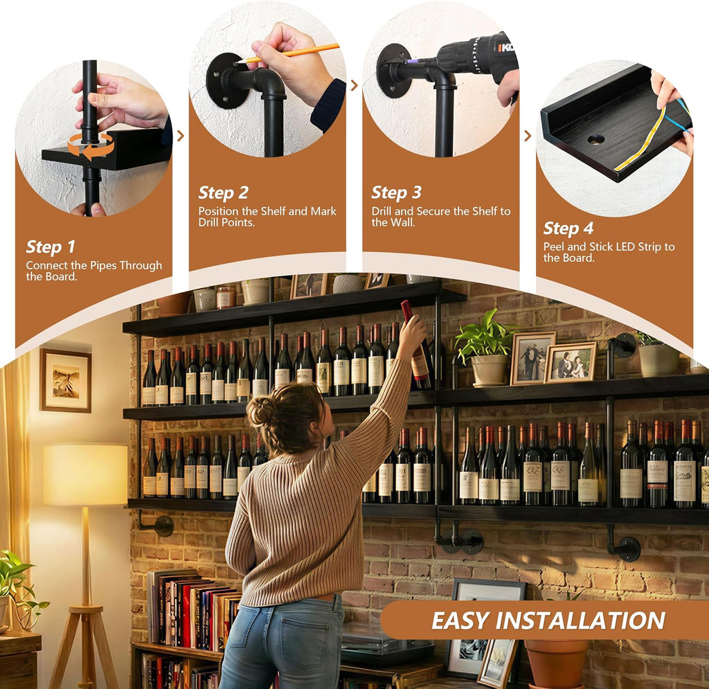 Bar Shelves, Wall Mounted Wine Rack, Black, 60 Inch | 2 Tier, Industrial, Solid pine shelves, black pipe brackets, 70