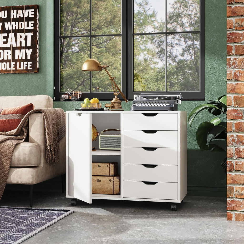 5-Drawer Wood Drawer Cabinet, Office Storage Cabinet, White | Craft Storage Cabinet, Under Desk Drawer, Rolling Cart