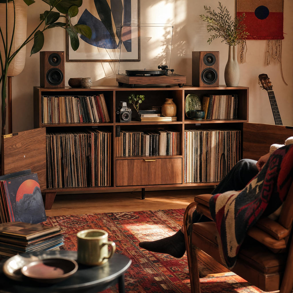 Large Record Player Stand with Vinyl Storage, Mid Century Modern Turntable Cabinet with Charging Station & Power