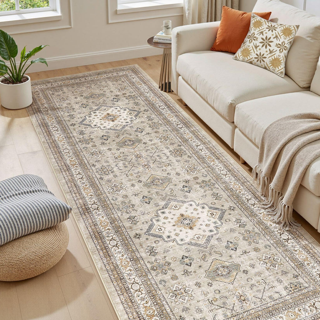 3x12 Hallway Runner Rug, Non-Slip Vintage, Beige