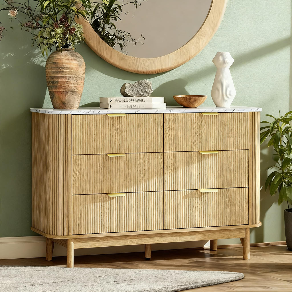 47" Fluted Dresser with 6 Drawer, Modern Chest of Drawers, Faux Marble Top & Curved Profile Design, Wood Drawer Storage