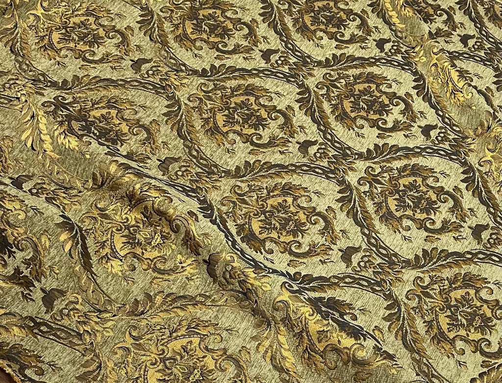 Damask Tapestry Chenille Fabric - Upholstery Fabric, 60" Width - Sold By The Yard (Olive(Sage)/Gold)