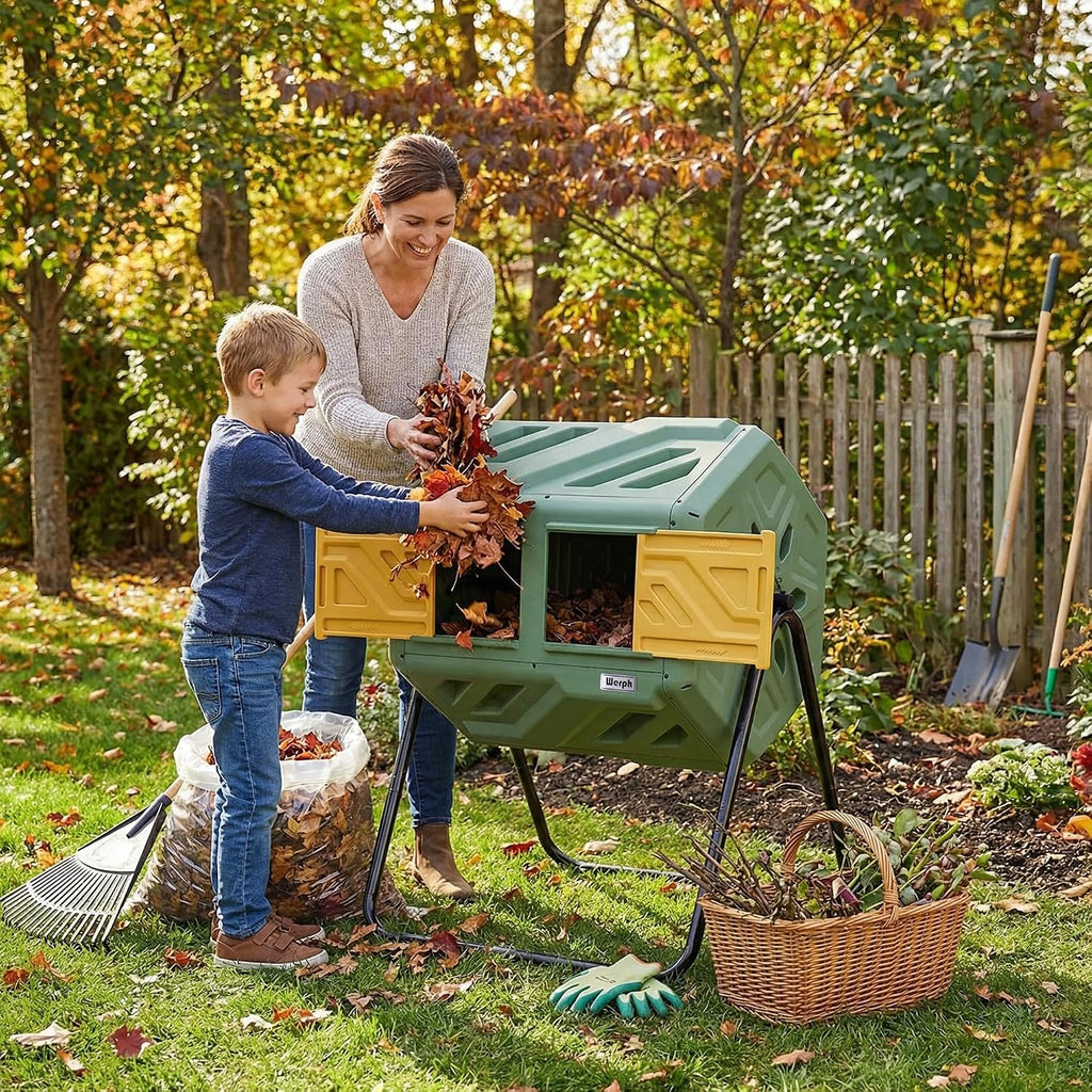 43 Gal Outdoor Compost Bin for Garden & Kitchen Waste, Grass Green | Fast Assembly, Dual Chamber with Aeration