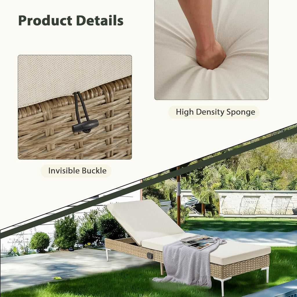 Outdoor Chaise Lounge Chair Set of 2, Patio Wicker Lounge Chairs with Adjustable Backrest