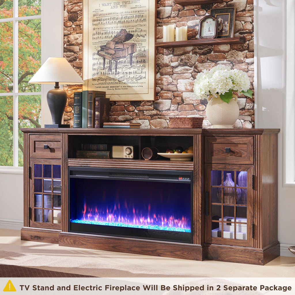 Fireplace TV Stand for 80 Inch TV, Farmhouse Highboy Entertainment Center w/LED Lights & 36" Electric Fireplace
