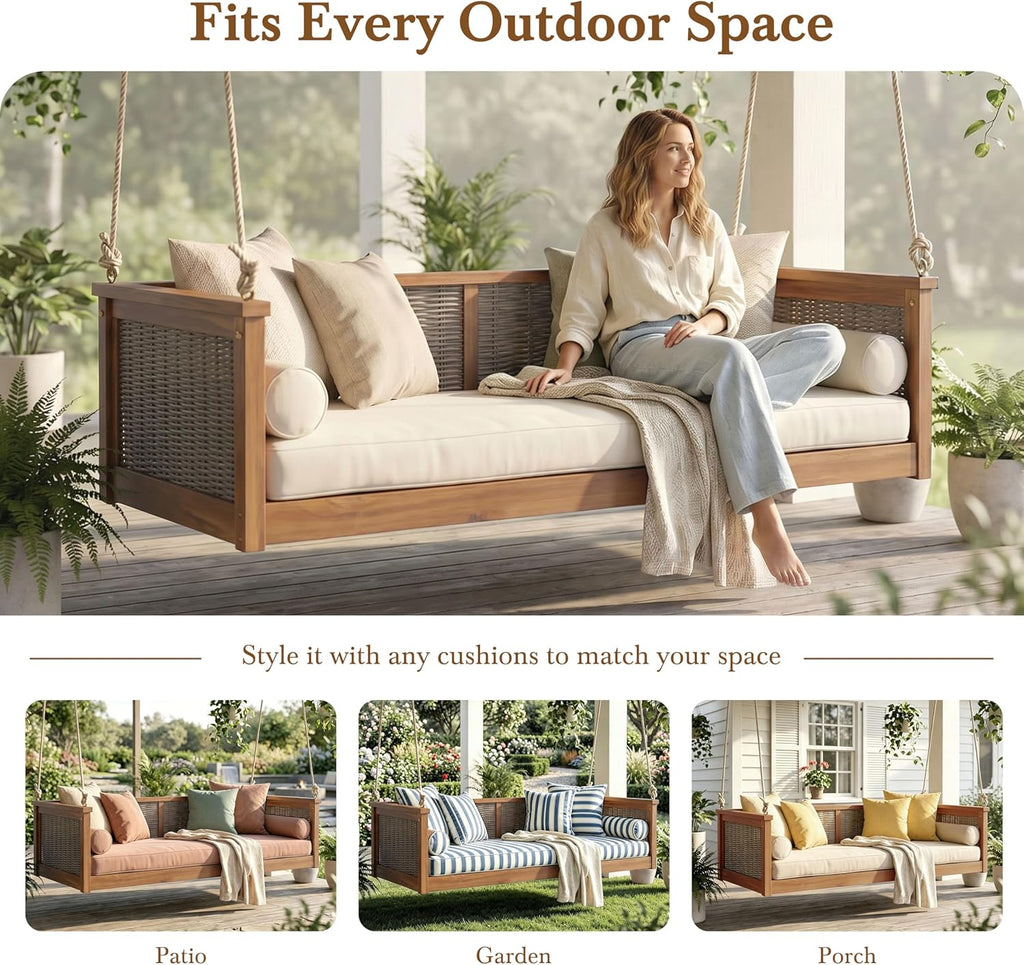 Twin Size Wooden Outdoor Swing Bed, Acacia Wood Porch Swing with Rattan Backrest and Ropes , Backyard & Garden, Teak