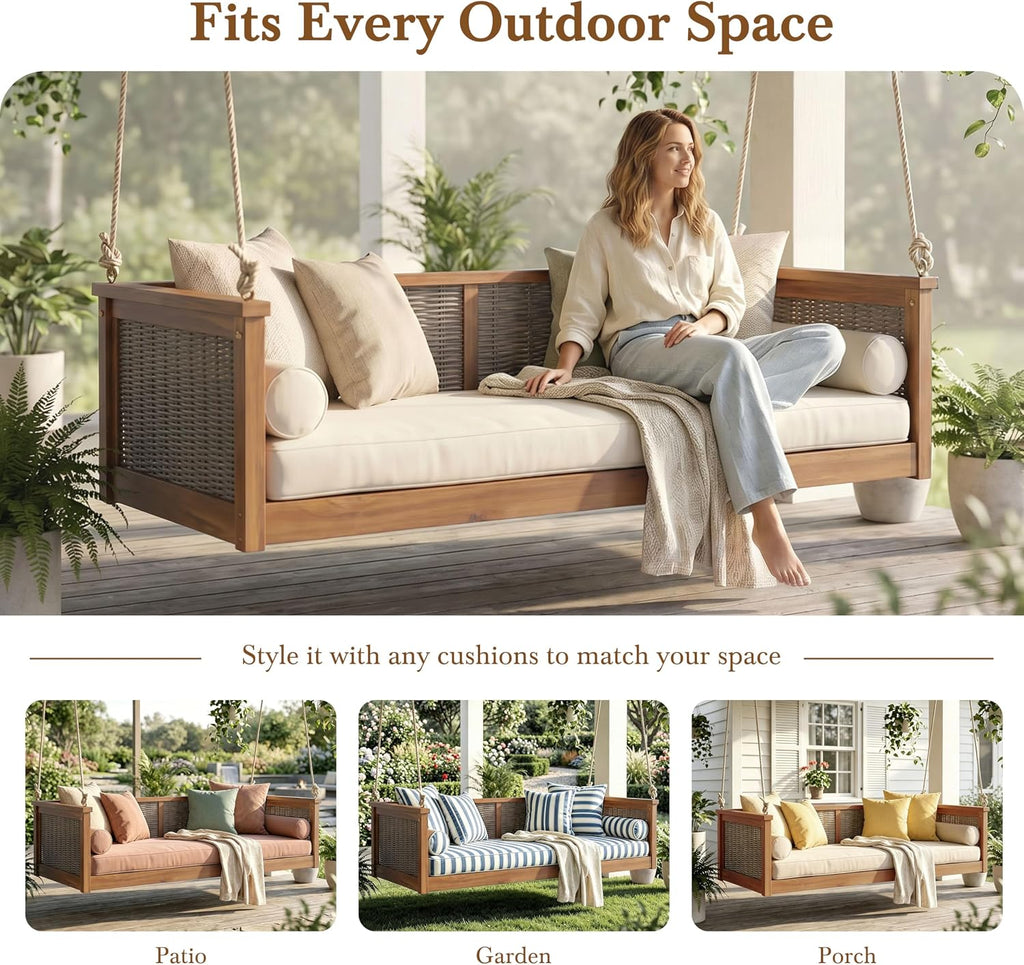 Twin Size Wooden Outdoor Swing Bed, Acacia Wood Porch Swing with Rattan Backrest and Ropes , Backyard & Garden, Teak