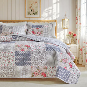 Floral Cotton Quilt Set, Neutral Flowers Grid Patchwork Design, 2 Pieces Quilt Bedding Set, Farmhouse