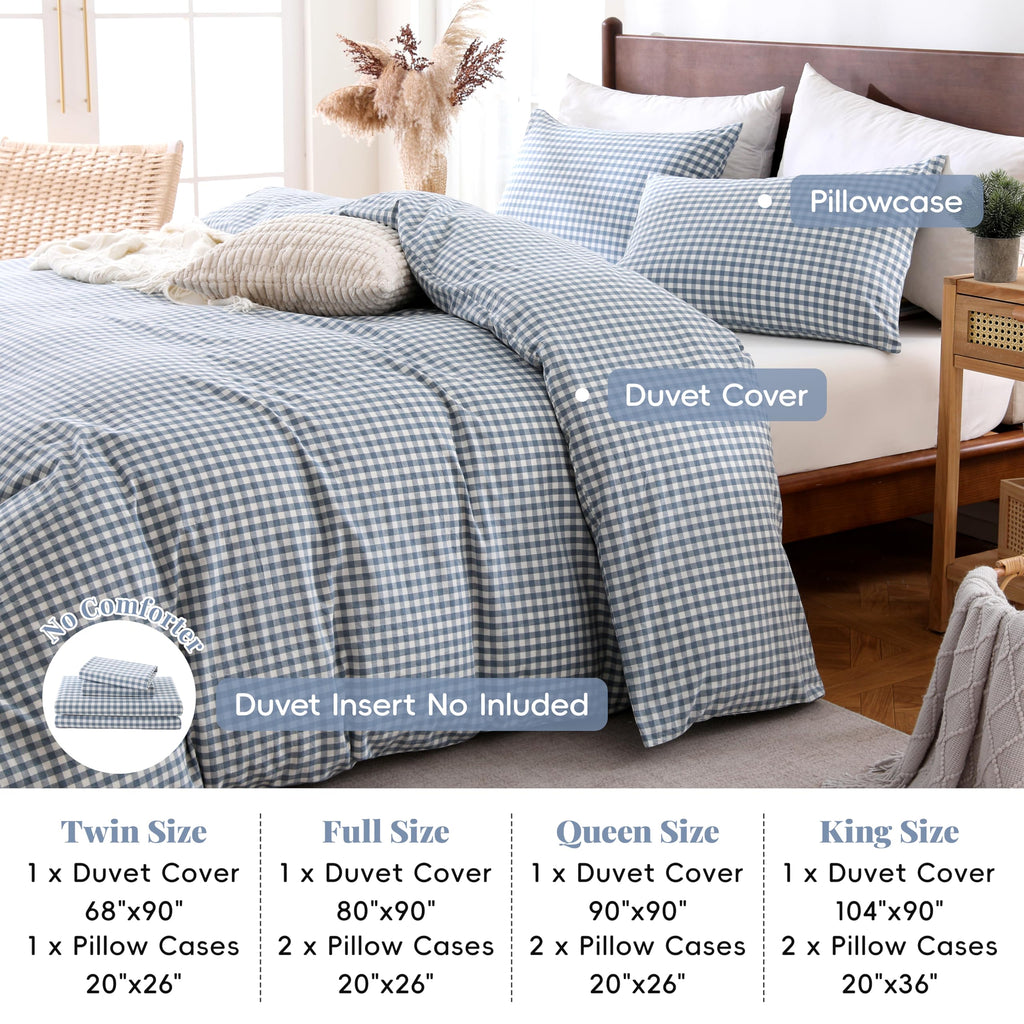 Cotton Pale Blue Gingham Duvet Cover Bedding Set Linen Like