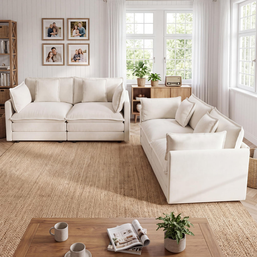 2 Piece Cloud Loveseat Sofa Couch Set, Oversized Chenille Modular Sectional Love Seat Furniture Large Spaces, Beige