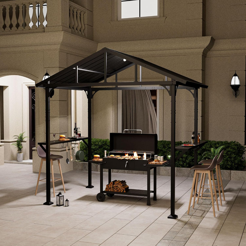 8'x 5' Hardtop Grill Gazebo, Outdoor BBQ Gazebo Metal Roof Canopy with 2 Metal Side Shelves & 5 Tool Hooks for
