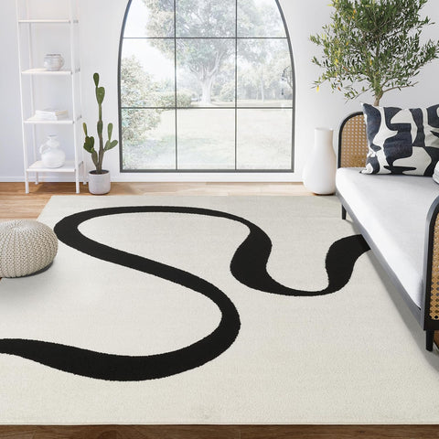 Abani Black and Cream Area Rug | 5' x 8' White Abstract Swirl Wave Carpet | Beige/Ivory Geometric Wave Design | for