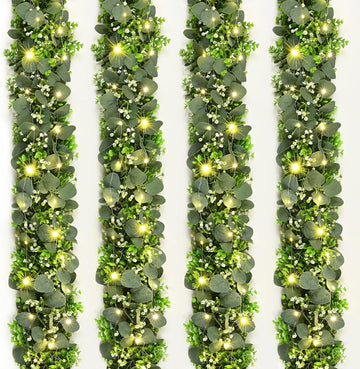 Eucalyptus Garland with Lights, Greenery Garland, Green Garland with Flowers, 5.9FT Artificial Faux Eucalyptus - Set of 4
