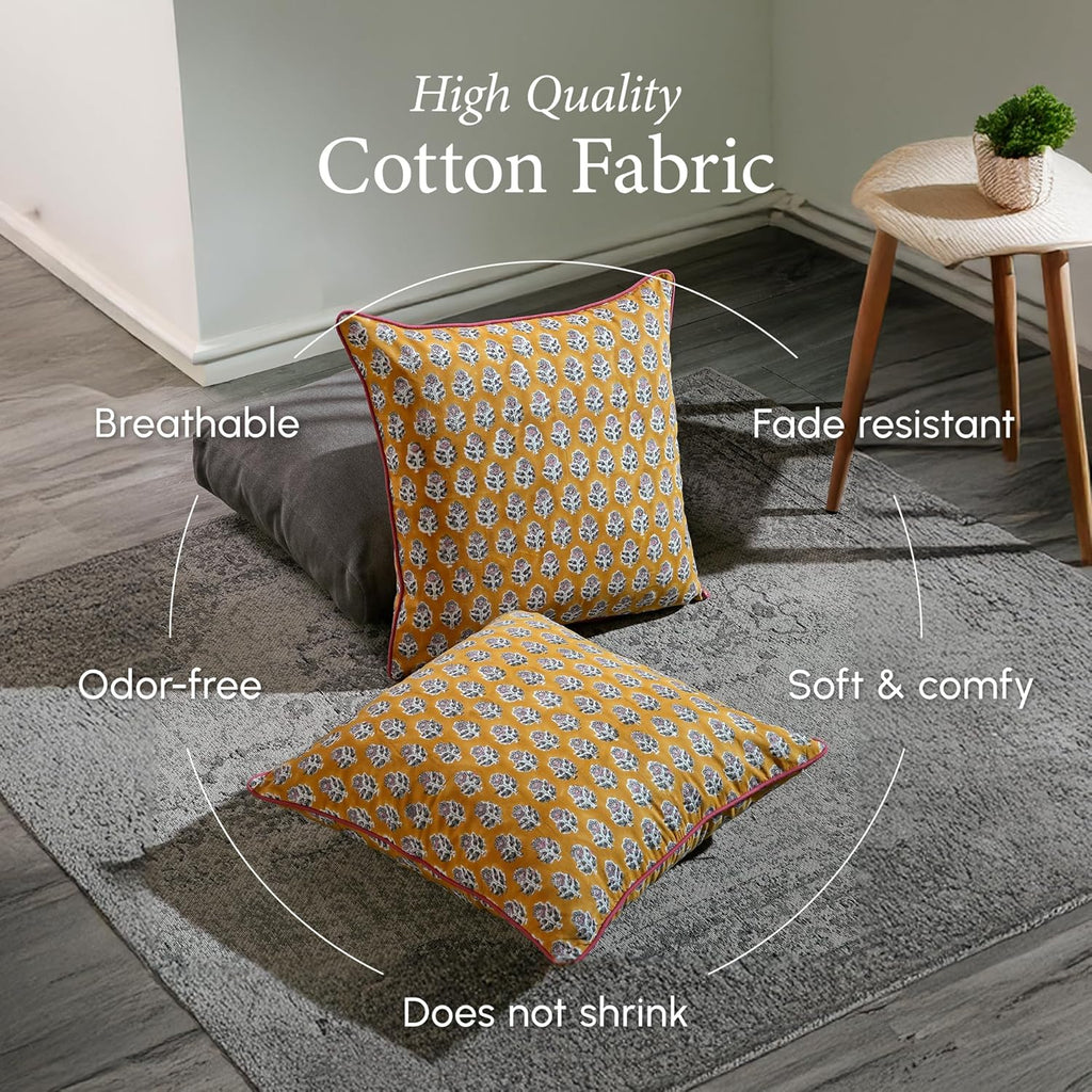 CPC 100% Cotton Throw Pillow Covers 20x20 Inch, Set of 2 Yellow Block Print Pattern Couch Pillow, Cute Boho