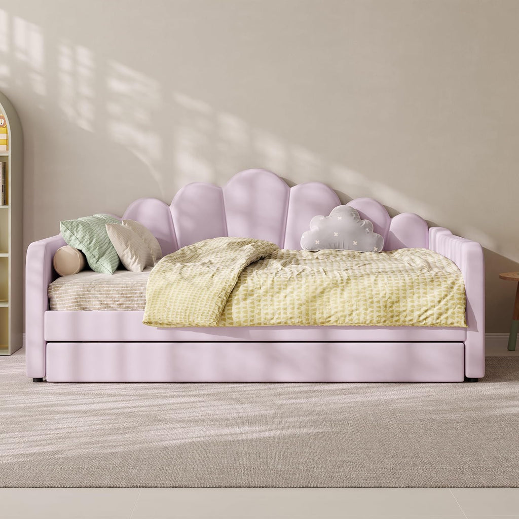 Queen Size Upholstered Daybed with Trundle, Velvet Corner Bed Frame with Shell Shaped Headboard for Kids Teens