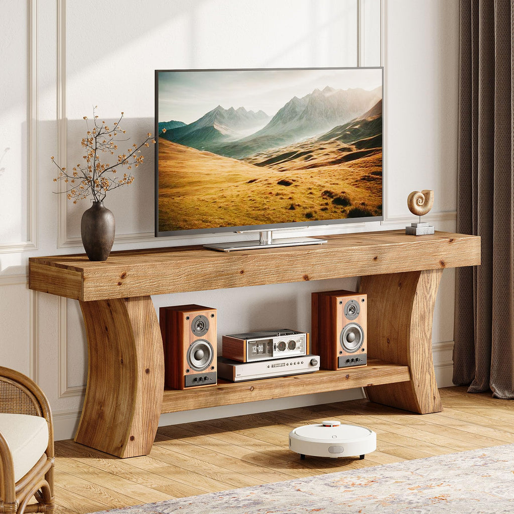 63" Solid Wood TV Stand for 55/60/65/75" TVs, Farmhouse TV Console, Low Entertainment Center with Storage