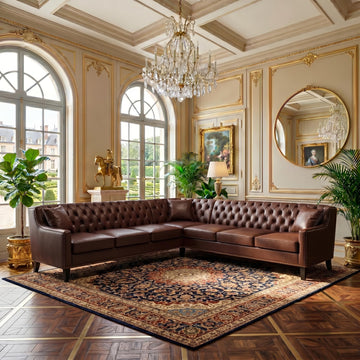 103" L-Shaped Luxury Faux Leather Chesterfield Sofa with Nailhead Trim, Mid-Century Style Oversized 7-Seater Button