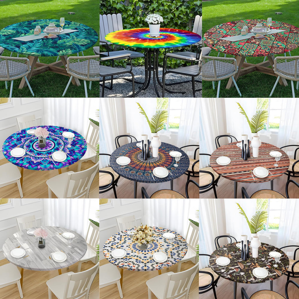 Boho 42 Inch Round Fitted Cloth Tablecloth with Elastic Edged, Waterproof Oil Proof Wipeable Table Cover for Indoor