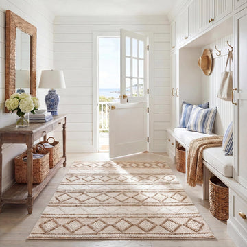 Natural Fiber Collection Area Rug, Beige & Ivory, Handmade Moroccan Boho Tribal Jute & Wool, Ideal for High