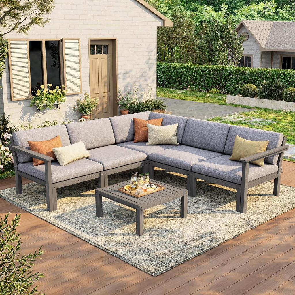Patio Furniture Set, 6-Piece All-Weather Outdoor Sectional Sofa Set - Modular & Waterproof HIPS Frame, Quick-Dry